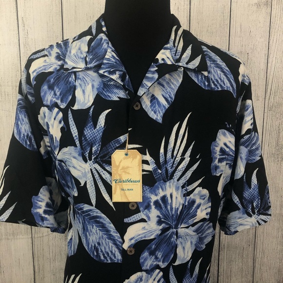 Caribbean Other - Caribbean 2XT Black Blue Hawaiian Silk Blend Shirt